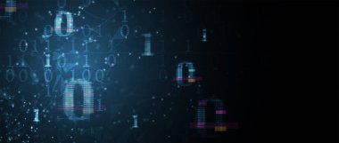 Ağ üzerinden çalıştırılan ikili kod baytları. Soyut fütüristik siber uzay. Modern Teknoloji geçmişi