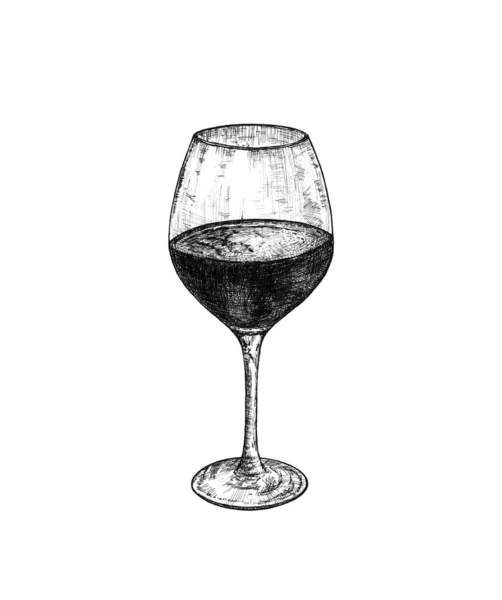 Ručně kreslený inkoust černobílý ilustrace sklenice vína nápoje. Hatcing detailní styl — Stock fotografie