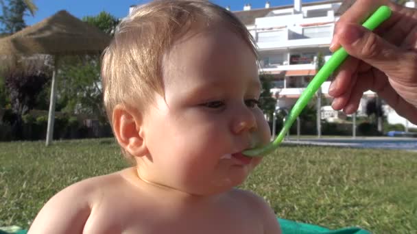 Baby eten yoghurt op zomer — Stockvideo