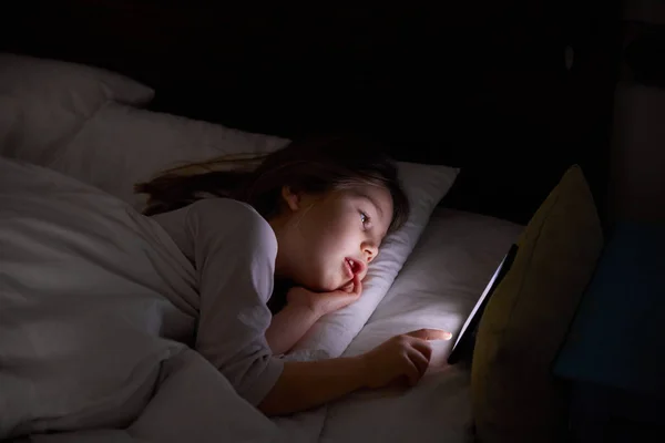 Six Years Old Girl Lying White Bed Night Touching Digital Stock Photo