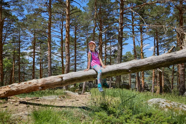 Siedmioletnia Dziewczyna Kapeluszem Siedząca Upadłym Pniu Sosny Lesie Parku Naturalnego — Zdjęcie stockowe