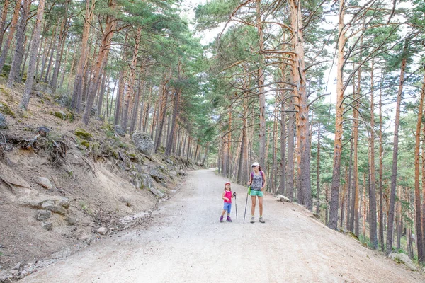 母亲和女儿 头戴帽子 手持手杖 在加内西亚山区 西班牙马德里 的森林里徒步行走 — 图库照片