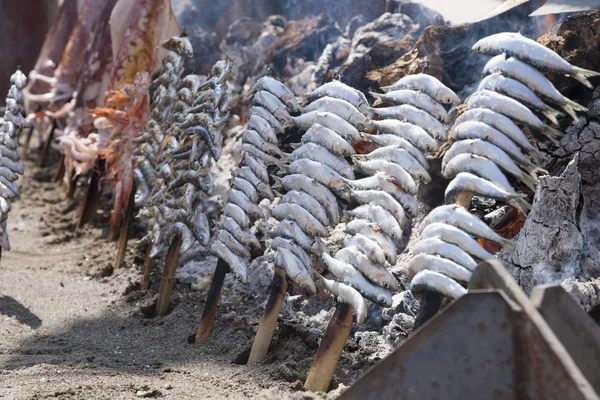 Squid prawn sardines spanish espeto — Stock Photo, Image