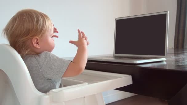 Blonde baby touching blank screen pc — Stock Video