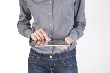 woman hands with tablet white background