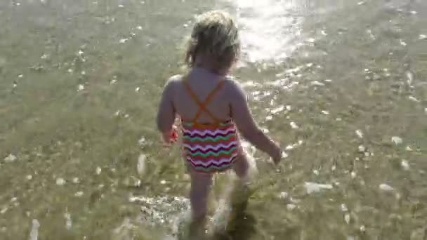 Back of baby walking in ocean — Stock Video