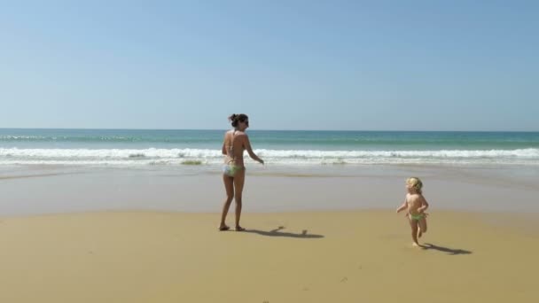 Matka i dziecko grając na seashore — Wideo stockowe