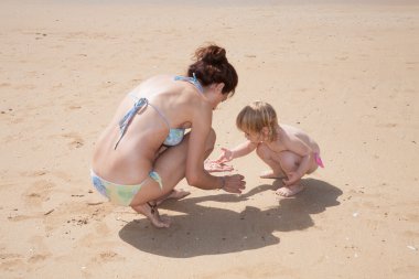 Bebek ve anne deniz kabuğu toplama