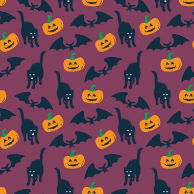 Cadılar Bayramı Şablonu, Pumpkins 'li Kusursuz Desen, Koyu Mavili Yarasalar ve Kediler, Cadılar Bayramı Geçmişi Tekrar, Yüzey Şablonu Cadılar Bayramı Partisi, Ekim Tatil Dekorasyon Vektörü