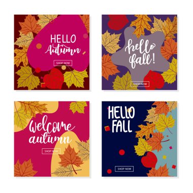 Sosyal medya, mobil uygulamalar, afişler ve reklamlar için sonbahar temalı şablonlar. Çiçek elementli mavi soyut kare sanat şablonları.