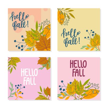 Sosyal medya, mobil uygulamalar, afişler ve reklamlar için sonbahar temalı şablonlar. Çiçek elementleri, kızılcıklar, böğürtlenler, yapraklar içeren pembe ve yeşil kare sanat şablonları.