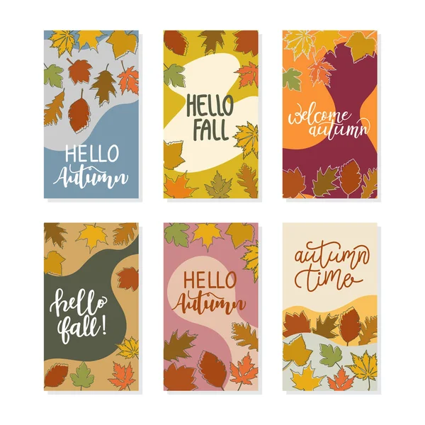 Sosyal medya hikayelerinin vektör seti pankart, sonbahar teması, altın ve kırmızı yapraklar, sonbahar çiçekleri ve böğürtlenler. Çiçek, bitki arkaplanı, metin için kopya alanı - afiş, tebrik kartı, poster için