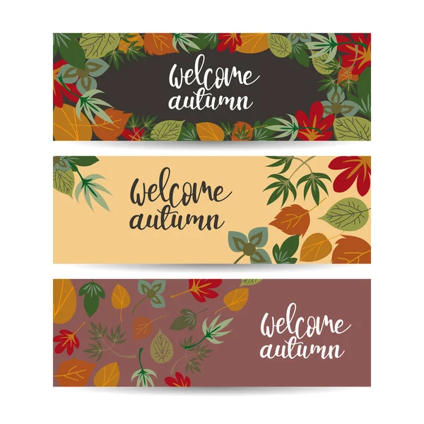 Conjunto Banners Caída Horizontal Tres Plantillas Vectoriales Arce Otoño Brillante — Vector de stock