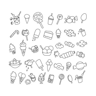 Element doğum günü çöl karalaması. Elle çizilmiş karalama Sweets vektör illüstrasyonunu düzenledi Şekerli Sketchy Tatlı yemek ikonları beyaz arka planda izole çöl sembolleri Cupcake Macaron Çikolatalı Şeker Keki Pastası Lolipop Pastası