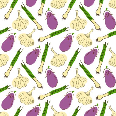 Patlıcan, sarımsak ve beyaz arka planda limon otuyla kusursuz bir desen. Düz karalama tarzında gıda arkaplanı malzemelerinin vektör illüstrasyonu.