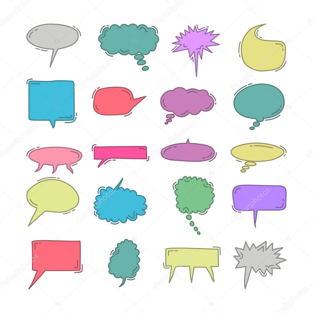 chat bubble doodle colorful element set. Colorful speech bubbles vector set isolated in white background. Rainbow colors dialogue balloons for comics. Chat, speaking, think, text, message bubble design graphics elements.