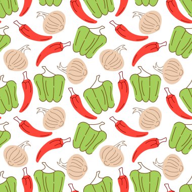 Biberli sebze deseni, biber, sarımsak. Yemek arkaplanı, duvar kağıdı ve tekstil için mükemmel. Vektör illüstrasyonu