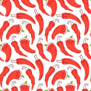 Beyaz arka planda kırmızı bibersiz desen. Düz karalama tarzında gıda arkaplanı malzemelerinin vektör illüstrasyonu.