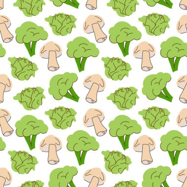 Bileşik brokoli, mantar, lahana unsurlu sebze deseni. Yemek arkaplanı, duvar kağıdı ve tekstil için mükemmel. Vektör illüstrasyonu