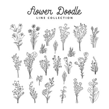 Bir demet karalama çiçeği. Sancakları, rozetleri, çiçekleri, yaprakları ve okları olan büyük romantik el yapımı elementler. Tebrik kartı tasarım elementleri, aşk, romantik simge seti