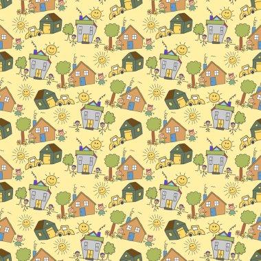 Manzara elementi olan kusursuz çocuklar. Şehir manzarası ya da Avrupa şehir caddesi manzarası. Bina cephesi olan kusursuz bir afiş. Şirin bir şekilde düz vektör illüstrasyonu