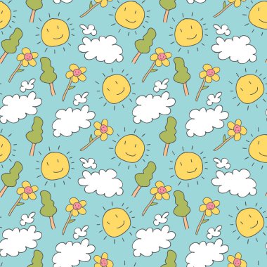 Hava durumu elementi olan kusursuz çocuklar. Hava durumu. Bulutlar ve güneş. Şirin vektör karakterleri. Moda geometrik elementlere sahip modern vektörsüz desen. Tüm elementler maskenin altında gizlidir. Kalıplar kırpılmamış ve düzenlenebilir.