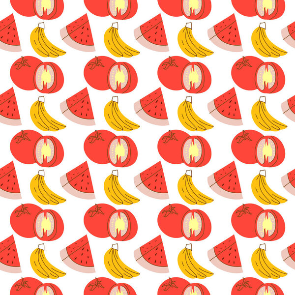 fruit pattern with coloring, watermelon, banana, tomato. Vector seamless pattern of vegetable and fruit
