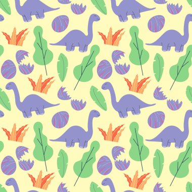 Şirin dinozorlar ve tropik bitkiler. Komik çizgi film dino kusursuz desen. Kızlar ve çocuklar için el çizimi vektör karalama tasarımı. Moda kıyafetleri, gömlek, kumaş için el çizimi çocuk deseni