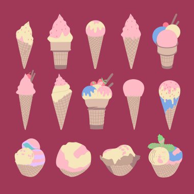Collection of 14 vector ice cream illustrations isolated with various colors.