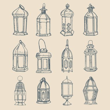 set ramadan lantern for your design, ramadan kareem hand drawn vector illustration, old vintage lantern graphic