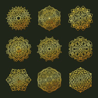 Desenli geometrik altın logoyu ayarla. Vektör dekoratif Arapça karakterler