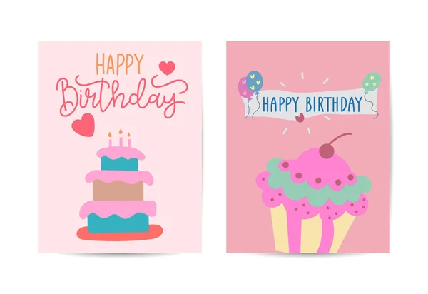 Conjunto Tarjetas Cumpleaños Vector Con Ilustración Pastel — Vector de stock