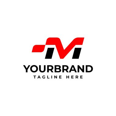M harfi logosu. Etiket ya da poster için vektör tasarımı. Yarış logosu tasarım şablonu.