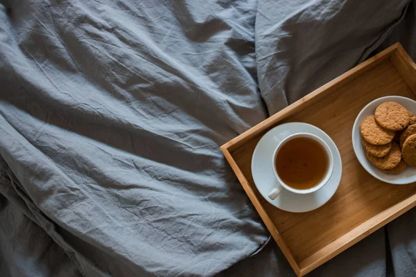 Top View Morning Breakfast Gray Bed Stock Photo