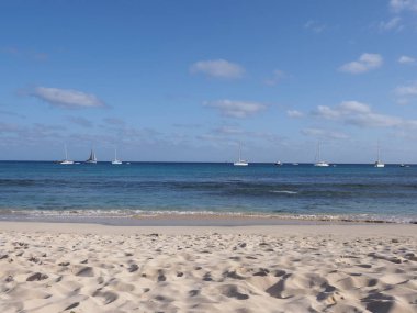 Afrika 'da Atlantik Okyanusu' ndaki güzellik kumsalı Santa Maria kasabası Cape Verde 'de Sal Adası' nda açık mavi gökyüzü 2019 'da güneşli bahar günü..