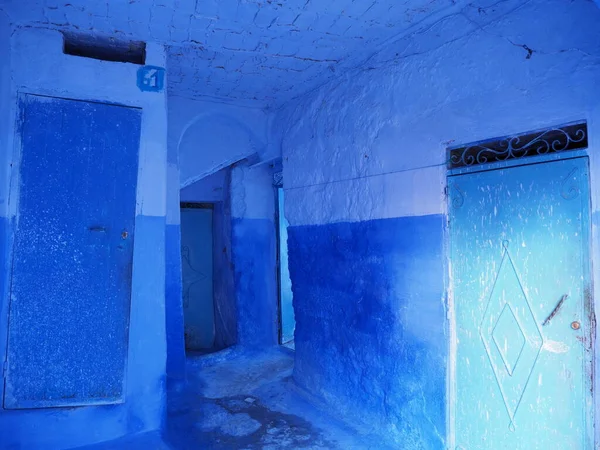 Inside arabic house in Chefchaouen african city in Morocco in 2019 warm sunny spring day.