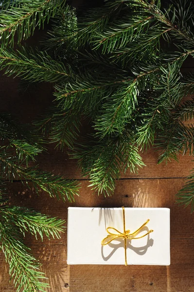 Christmas tree and golden gift box — Stock Photo, Image