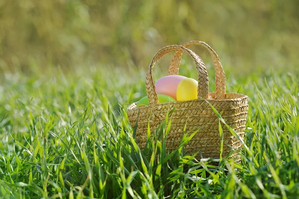Barvená velikonoční vajíčka v košíku zaplněny králík dekorace — Stock fotografie