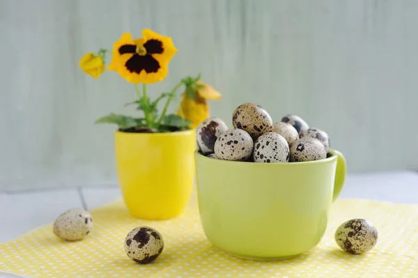 Easter decorations - eggs, flower and cups on the tabletop — Stock Photo, Image