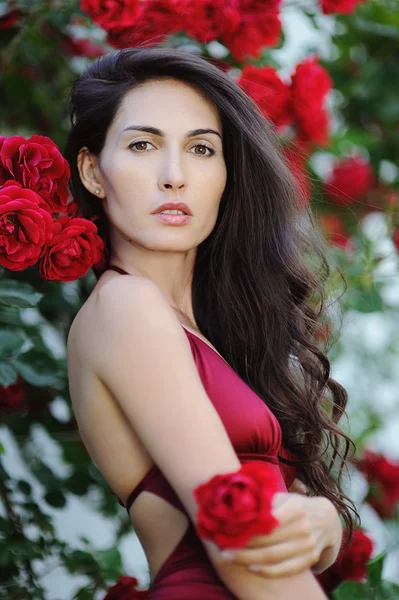 Portrait of beautiful brunette girl in red roses — Stock Photo, Image