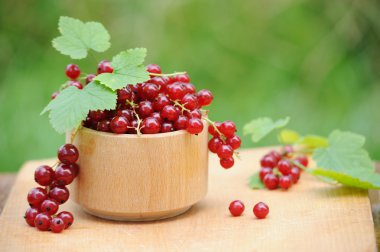 Ahşap kase taze kırmızı kuş üzümü açık ile