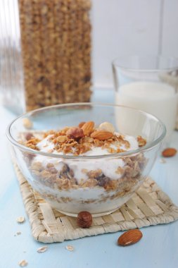 Ev yapımı yoğurt ve granola fındık ile cam kase