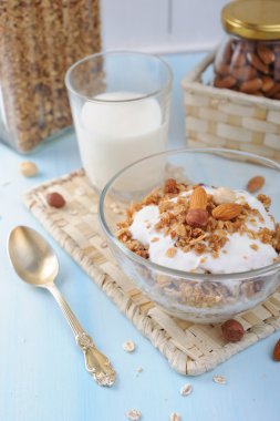 Ev yapımı yoğurt ve granola fındık ile cam kase