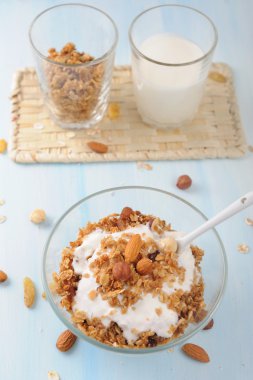Ev yapımı yoğurt ve granola fındık ile cam kase
