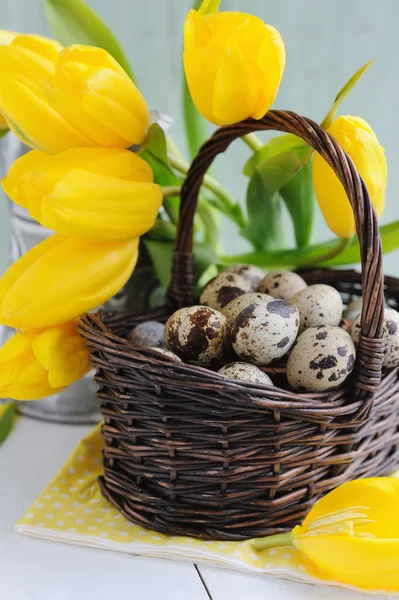 Easter Quail Eggs Basket Yellow Tulips Painted Background — Stock Photo, Image