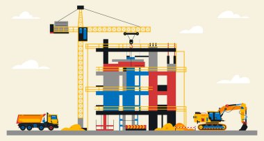 İnşaat alanı çizimi. İnşaat devam ediyor. Mekanda ağır makineler, kazı makineleri, büyük vinç, tamamlanmamış bina. Vektör illüstrasyonu, düz tasarım