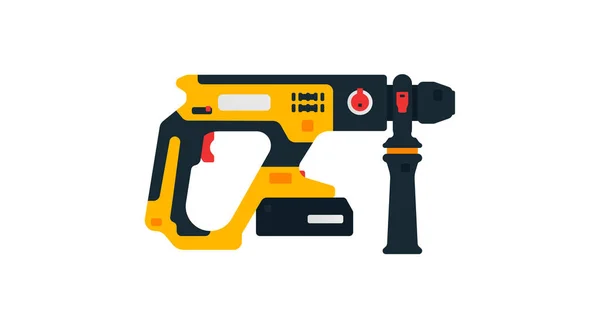 Electric rotary hammer drill side view. Power tools for home, construction and finishing work. Professional worker tool. Vector illustration isolated on white background — Stock Vector