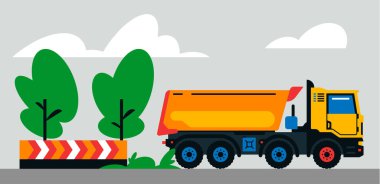 İnşaat makineleri şantiyede çalışıyor. İnşaat makineleri, arka planda bir ağaç ve kum manzarası olan bir kamyon. Arkaplanda vektör illüstrasyonu.