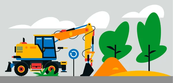 Travaux de construction de machines sur le site. Machines de construction, excavatrice, chargeuse sur le fond d'un paysage d'arbres, de sable. Illustration vectorielle sur fond. — Image vectorielle