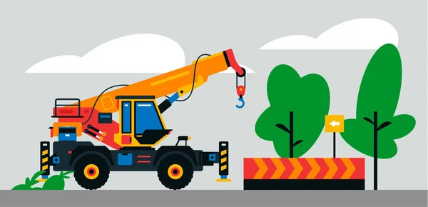 Bouwmachines op de bouwplaats. Bouwmachines, vrachtwagenkraan op de achtergrond van een landschap van bomen, zand. Vector illustratie op achtergrond. — Stockvector